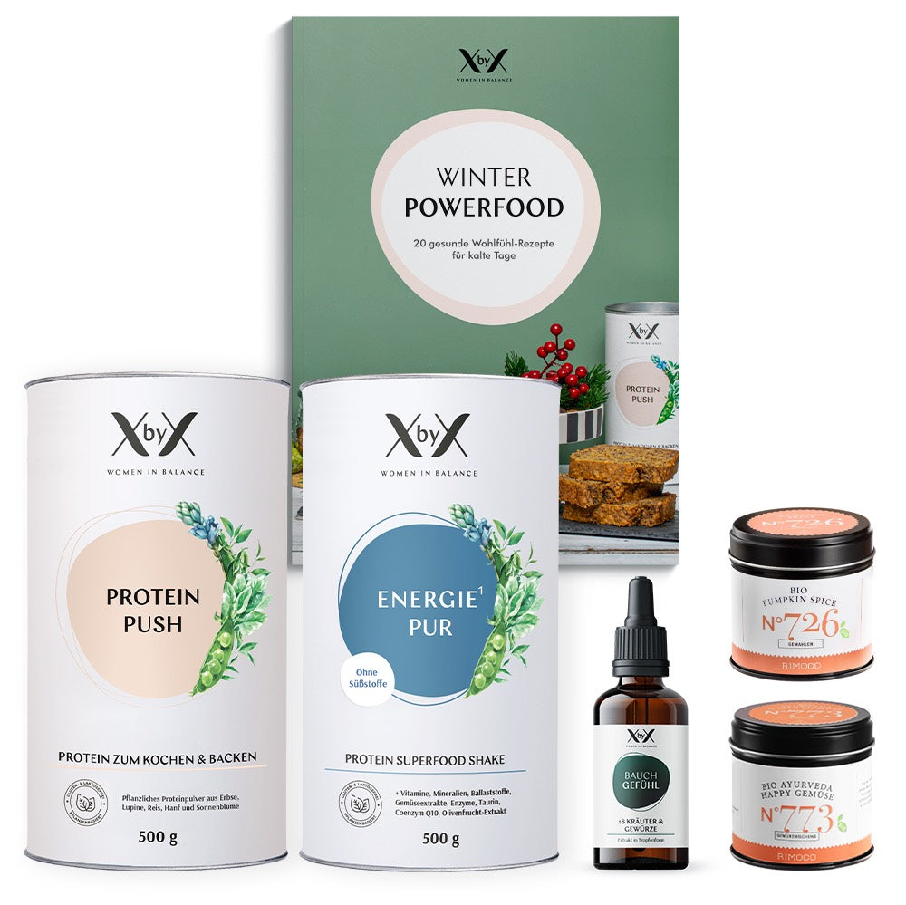 XbyX Winter Powerfood Set mit Energie Pur Kochbuch Rezepte gesund Wechseljahre Menopause Proteinpulver kochen backen Gewuerze Rimoco