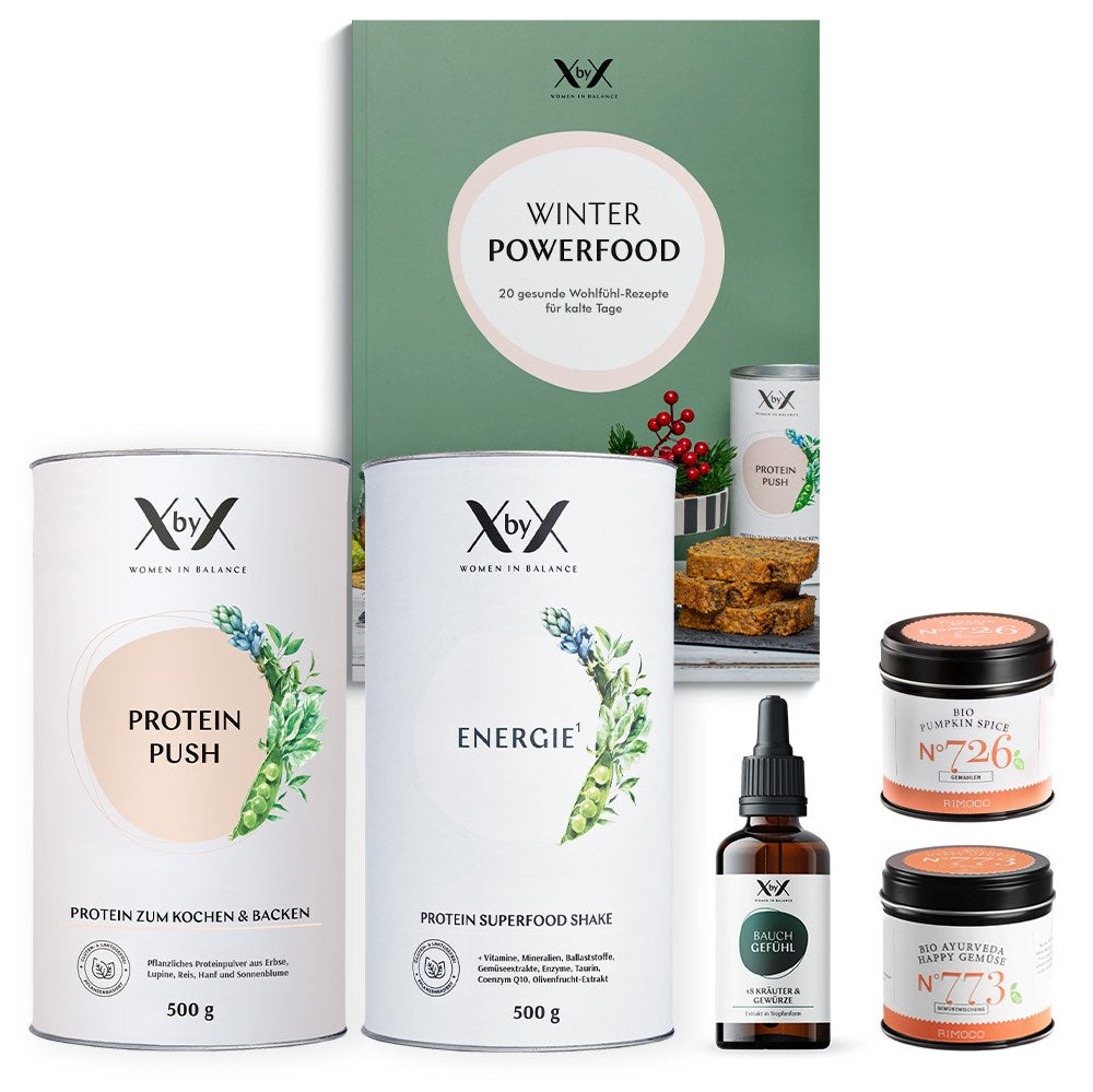 XbyX Winter Powerfood Set mit Energie Kochbuch Rezepte gesund Wechseljahre Menopause Proteinpulver kochen backen Gewuerze Rimoco