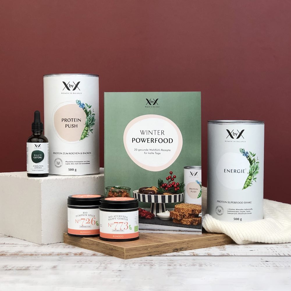 XbyX Winter Powerfood Set Kochbuch Rezepte gesund Wechseljahre Menopause Proteinpulver kochen backen Gewürze Rimoco