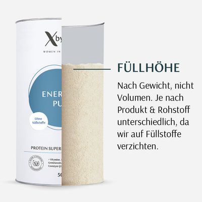 XbyX Energie Pur protein superfood shake ohne süßstoffe erklaerung fuellhoehe